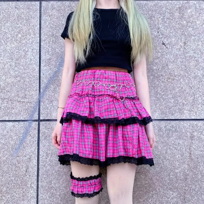 Summer Y2K Spicy Girl Rose Red Plaid Skirt Women 2024 New High Waist Lace Edge Spliced Sweet Cake Dress