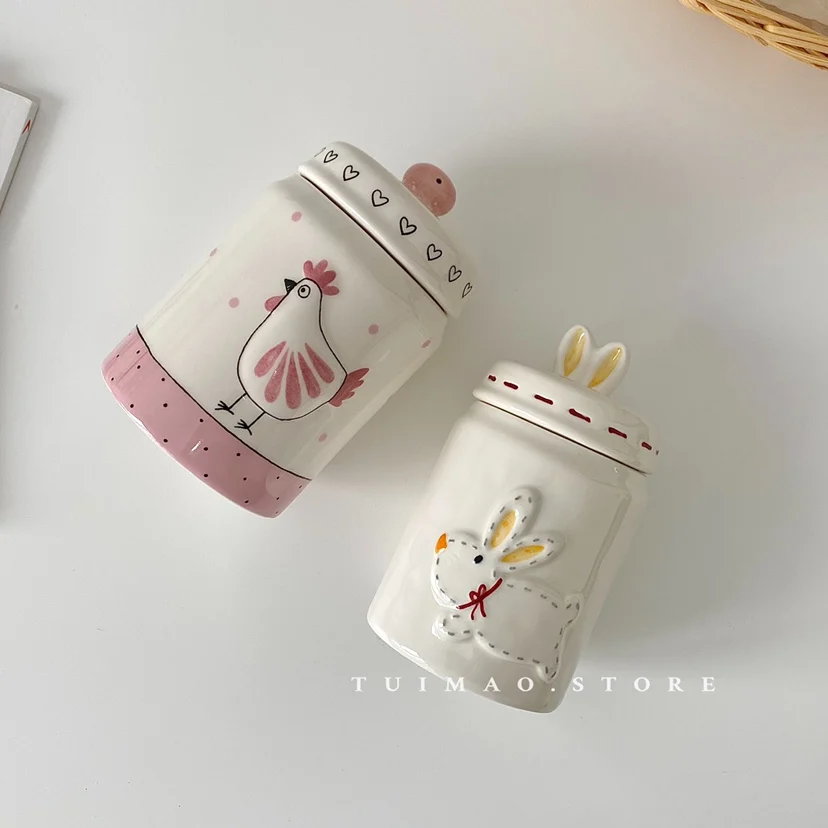 Cute Rabbit Sealed Storage Jar Tea Coffee Bean Storage Ceramic Jar Cartoon Decoration Kitchen Food Storage  Containers