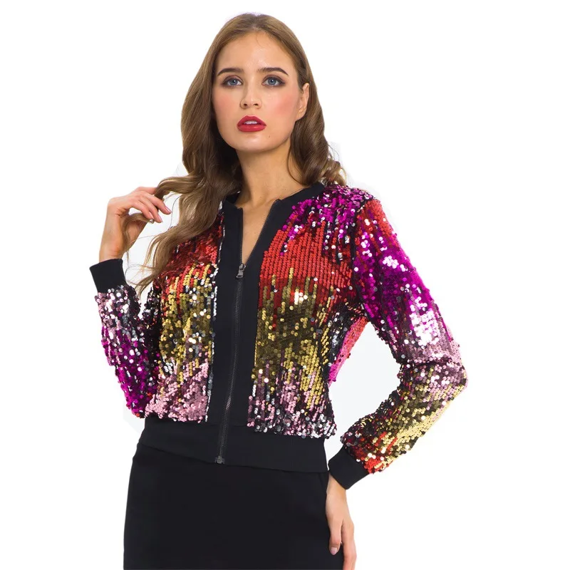 

Women's Street Sle Slim Fit Coat Long Sve Sequin Jaet Autumn Outerwear Lady's Zipper Closure Polyester Coat