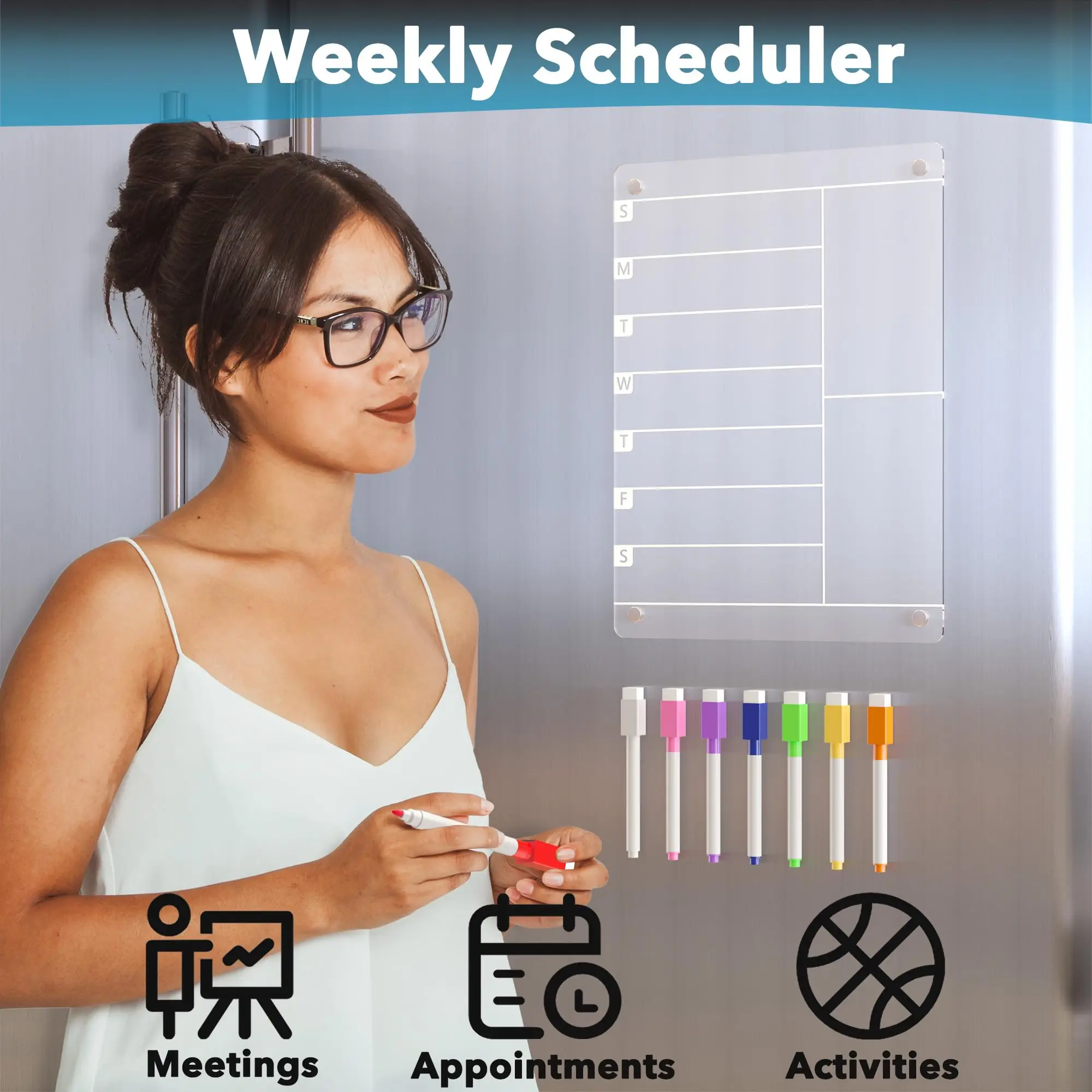 Acrylic Meal Planner Magnetic Menu Board for Kitchen Fridge w/ 8 Markers, Clear Refrigerator Weekly Dry Erase Calendar Planning