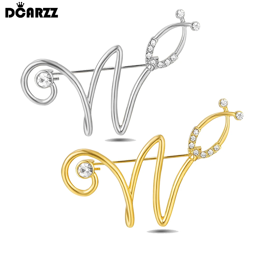 DCARZZ "W" Initials Pin Badge Stethoscope Pin with Crystal Medical Jewelry for Doctor Nurse Lapel Backpack Bag Brooch Gifts