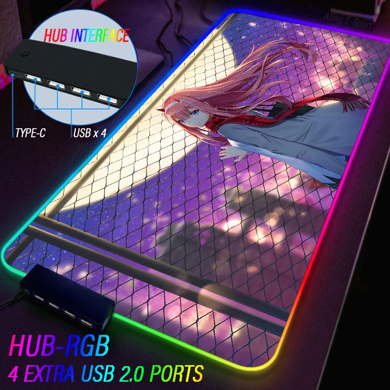 RGB DARLING Trong FRANXX Miếng Lót Chuột Vải Bằng Không Đèn 2 Trò Chơi Khăn Trải Bàn Máy Tính 4 Cổng USB Loại C Trung Tâm Giải Trí bàn Phím Thảm