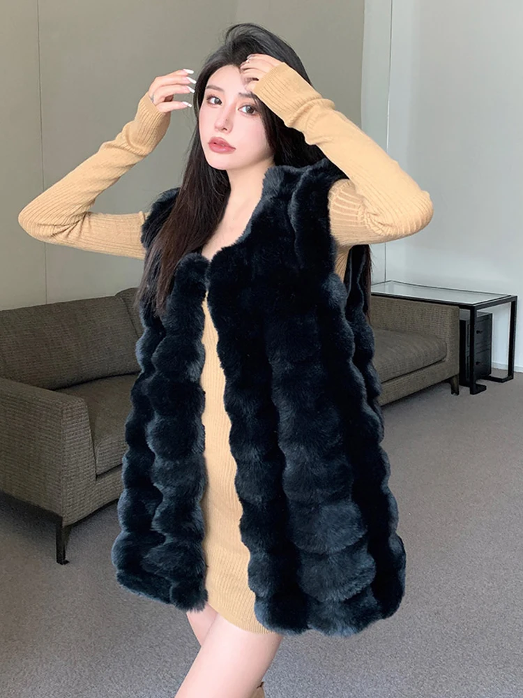 Women Sleeveless Vest Faux Fur Jacket Elegant Fashion Casual Solid O-Neck Mid-Length Versatile Waistcoats 2023 New Autumn Winter