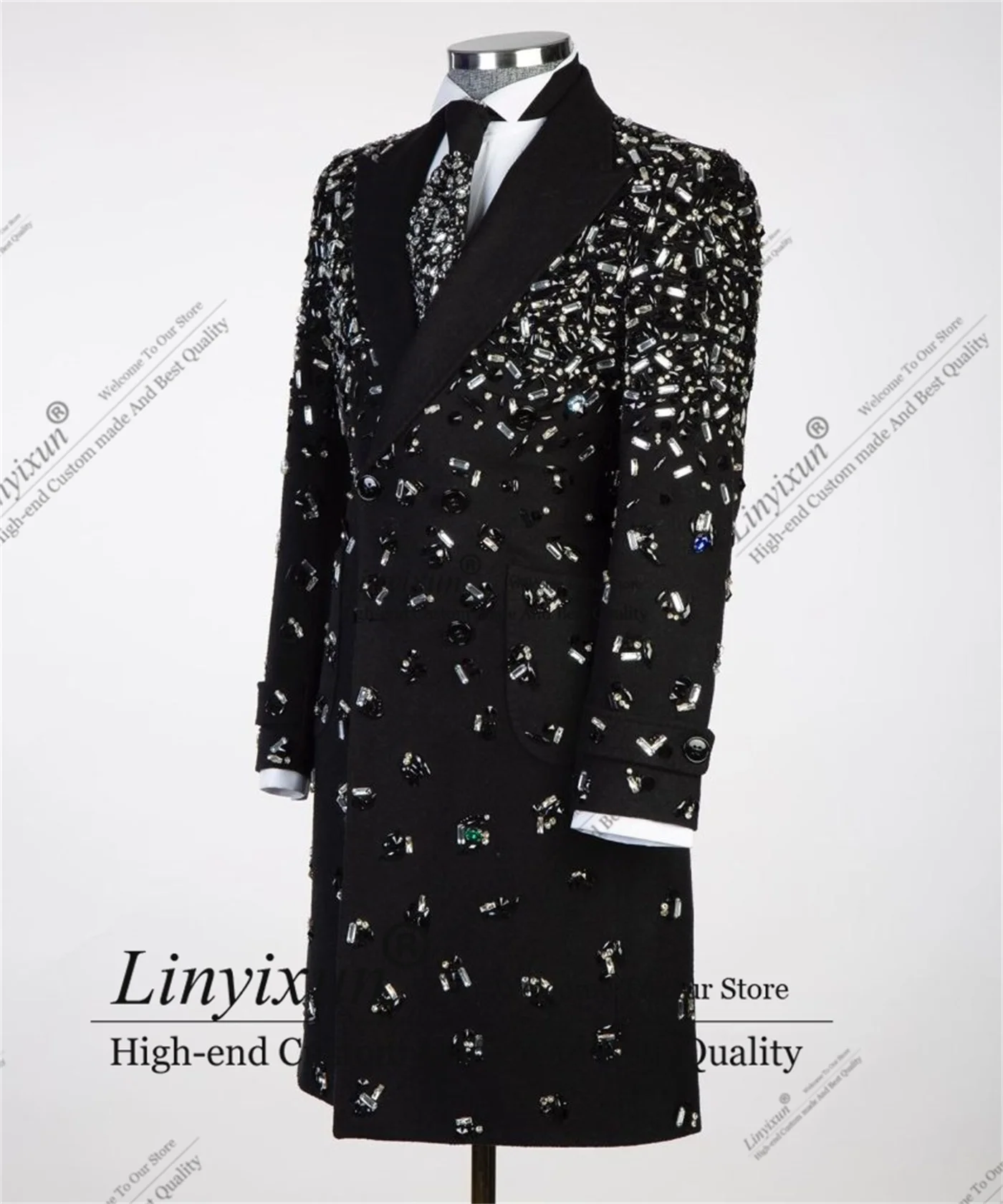 Elegent Crystals Men Suits Glitter Beaded Groom Wedding Tuxedos 1 Pieces Sets Male Prom Long Coat Customized Slim Costume Homme