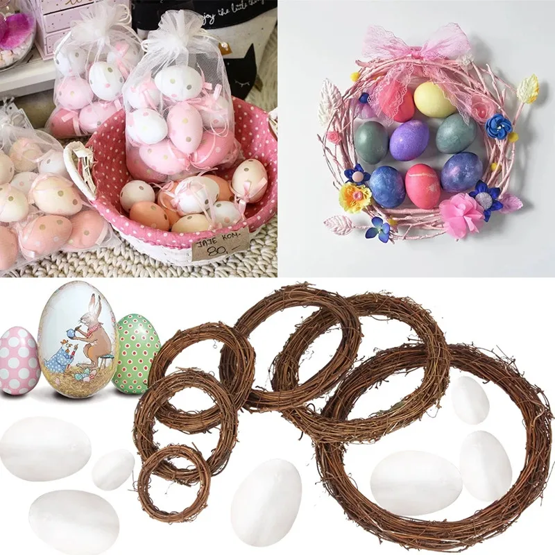 Huevos de espuma de Pascua de 20/50 piezas, corona de ratán de colores, conejo, conejito, decoración de fiesta de Pascua para el hogar, pintura