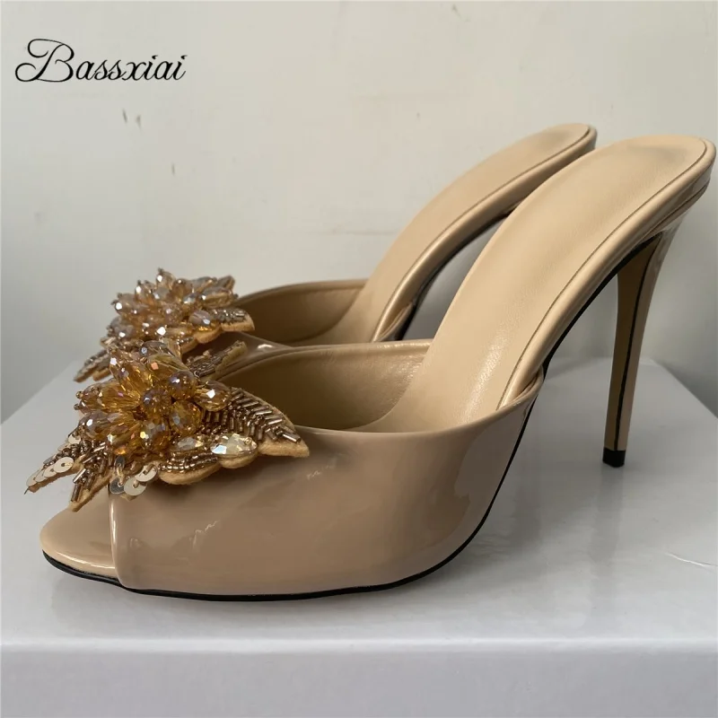 

Sewing Crystal Beads Flower Sandals Women 10cm Stiletto Heel Luxury Patent Leather Slingbacks Mules Summer