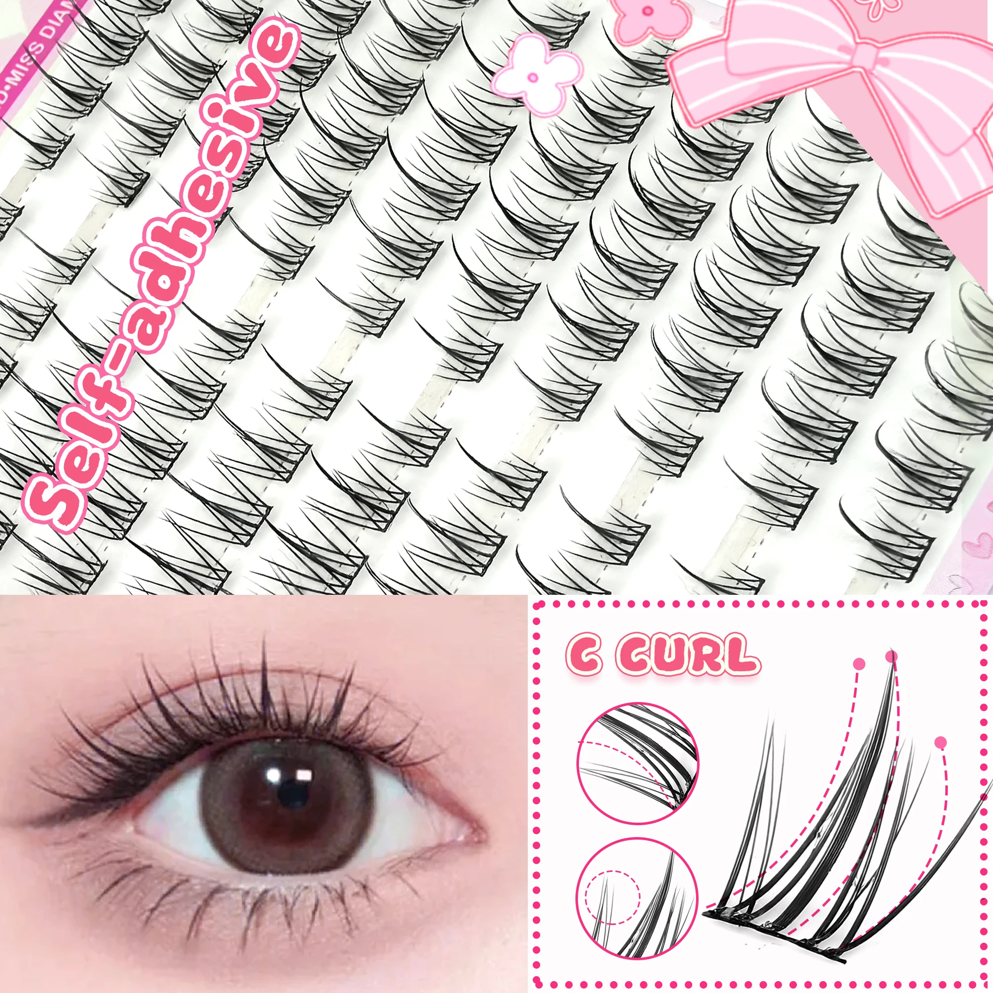 10列の大容量接着剤不要つけまつげ シングルクラスター 10-12MM Cカール ナチュラルセルフ接着つけまつげ