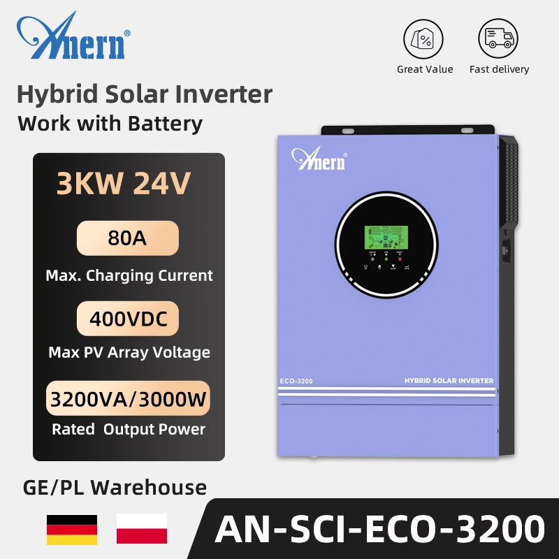 Anern Solar Hybrid Inverter 3KW 3200VA 24V onda sinusoidale pura 2KVA Off Grid Inverter 12V Max PV 400V caricatore MPPT 80A integrato