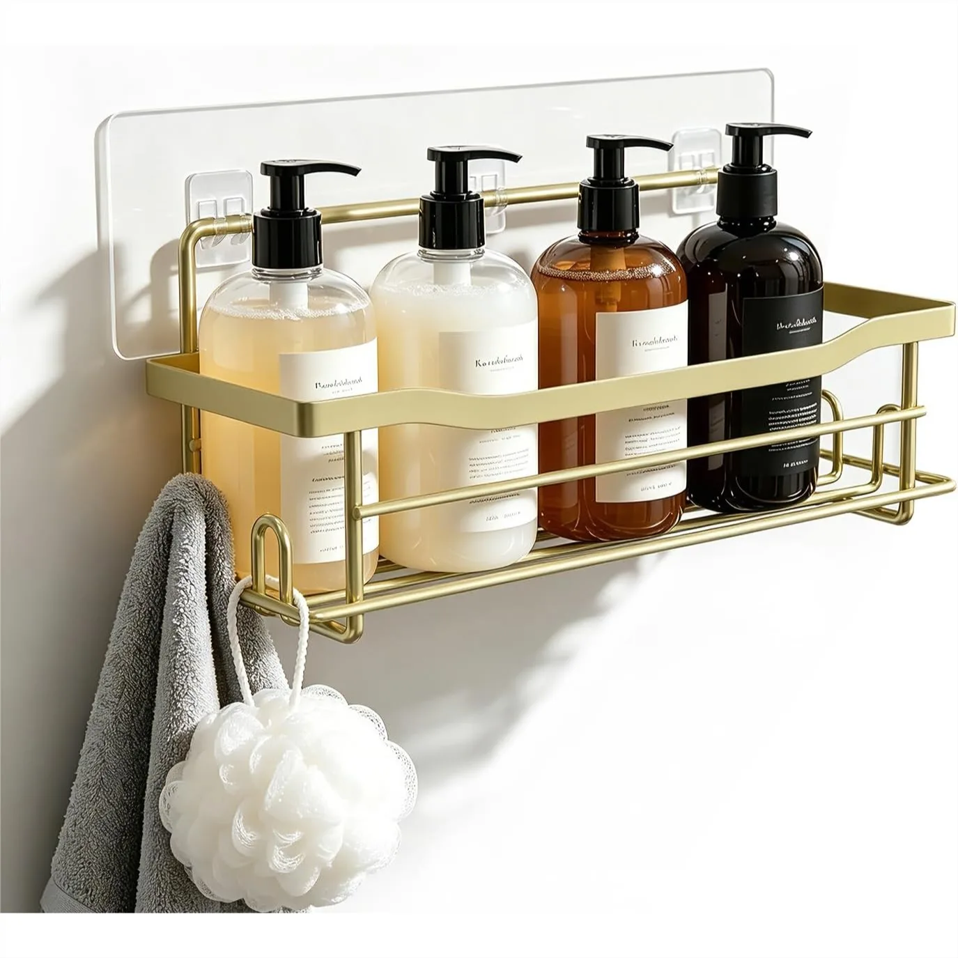 

No-Drill Shower Caddy Shelf, Single Pack Adhesive Organizer for Shampoo Soap, Matte Gold