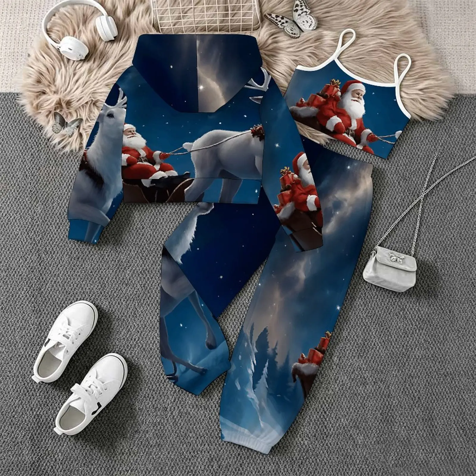 Children's Christmas Long Sleeve Coat Autumn Girls Casual Set Fashion Print Jogger Pants Kids Zip Tops Three-piece Suit