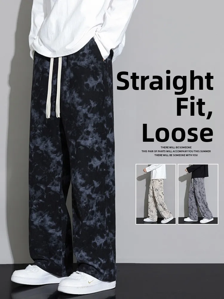 

Wassup Tiger Men's Tie Dye Casual Pants Loose Straight Leg Retro Sle Polyester Fiber All Seasons Comfortable Leisure Trousers