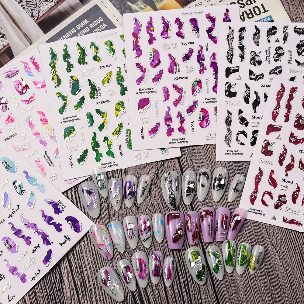 

6PCS 3D Irregular Mirror Marble Nail Stickers Purple/Green/Pink/Black Halation Ink Blooming Gold Stamping Decals Nail Art Decora