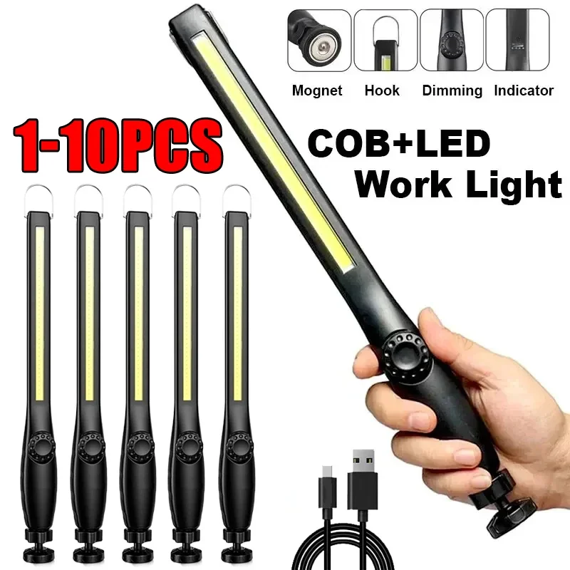 USB 충전식 COB LED 손전등, 마그네틱 작업등 후크 토치, 휴대용 랜턴 검사, 캠핑 자동차 수리 램프, 1-10 개 