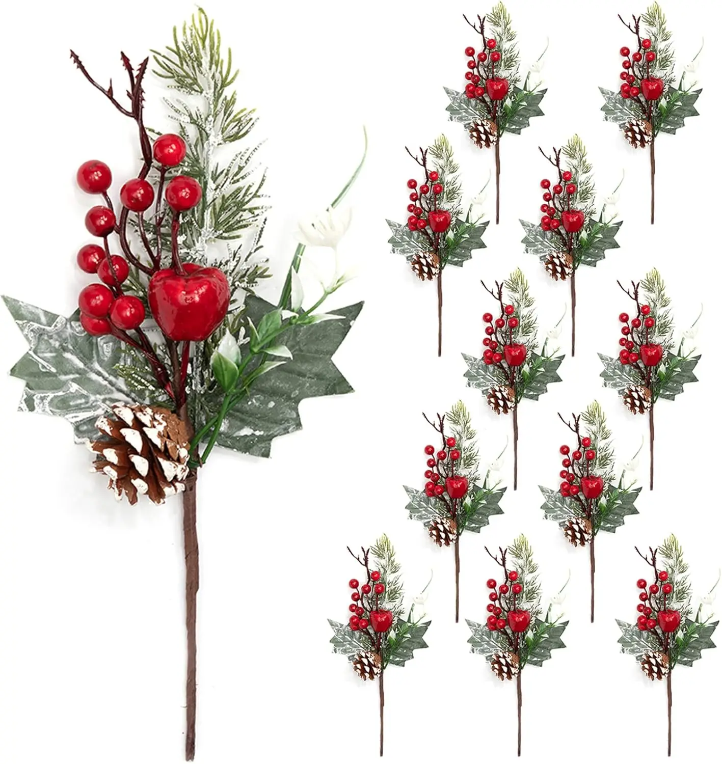 

12 шт. искусственные рождественские сосновые ветки с красными ягодами, шишками и падубками для елки, венка, зимнего декора