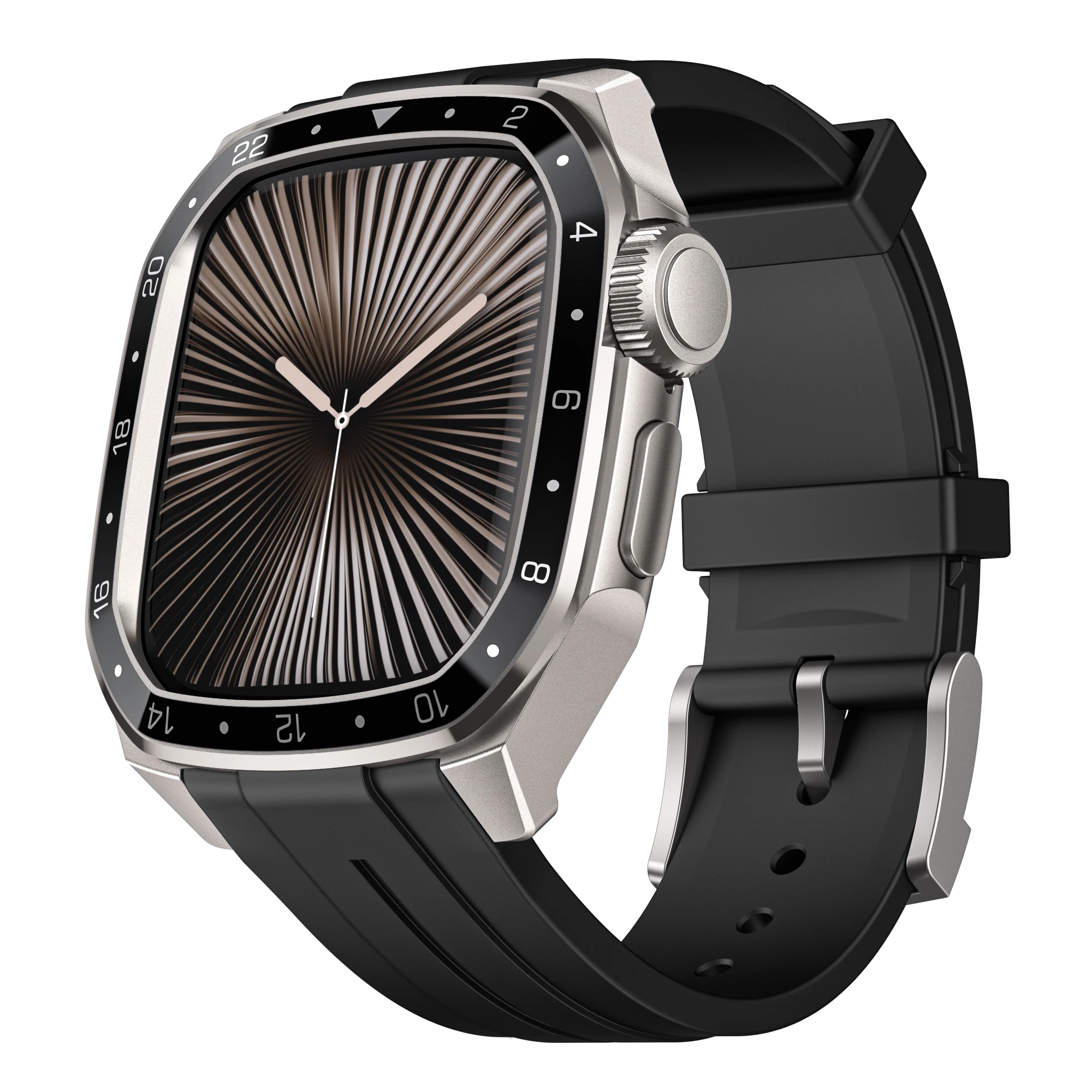 

For Apple Watch Series 9 / 8 / 7 45mm Integrated Silicone Watch Band with Metal Watch Case Cover - Titanium / Black