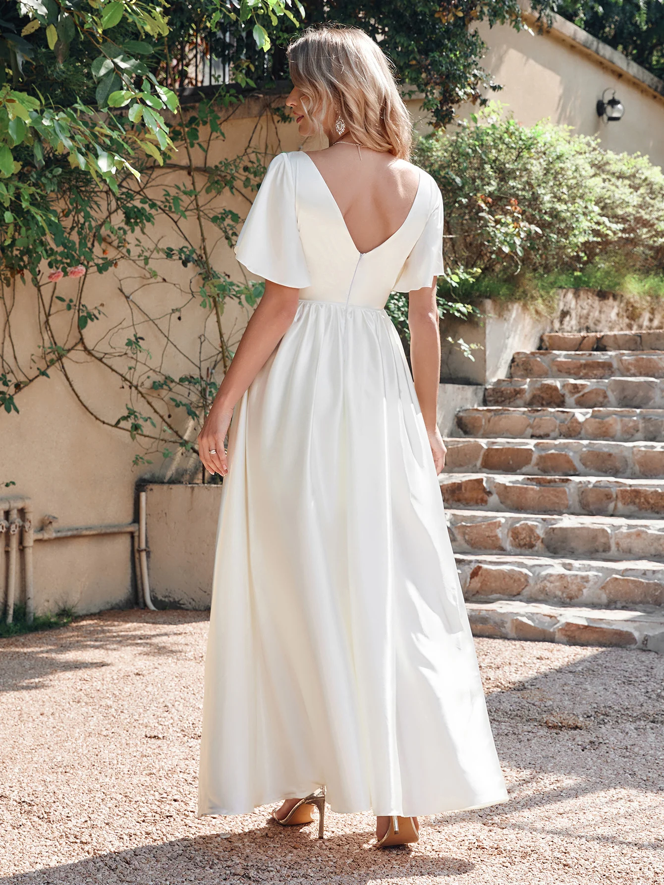 FATAPAESE abito da sposa Vintage scollo a v, un mantello lungo fino al gomito con schienale alto in Crepe di lunghezza senza cuciture gonna abiti da sposa