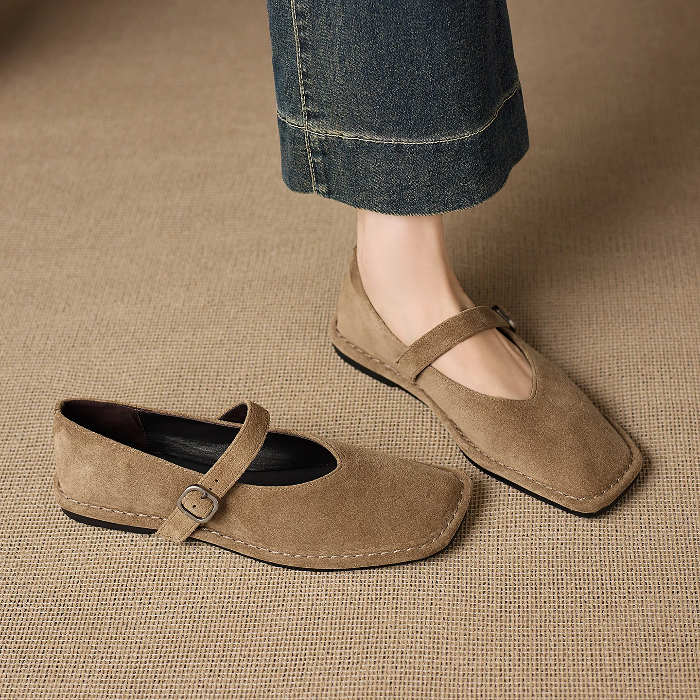 Women's Genuine Leather Mary Jane Flats with Square Toe
