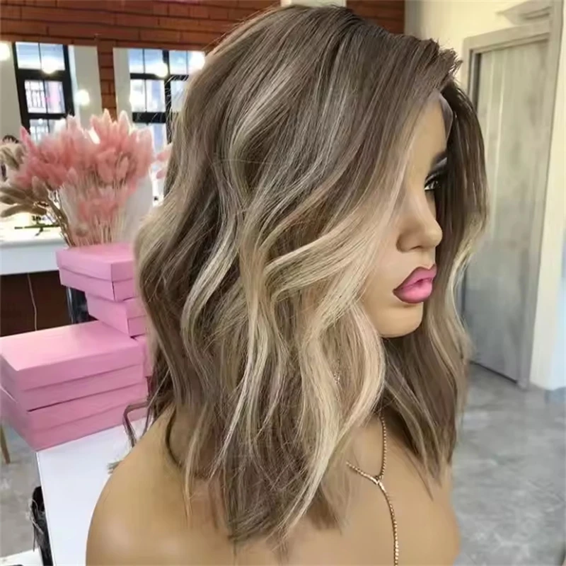 short-wavy-bob-ombre-ash-blonde-brown-synthetic-hd-lace-front-wig-natural-hairline-heat-resistant-wigs-large-small-size-cap14''