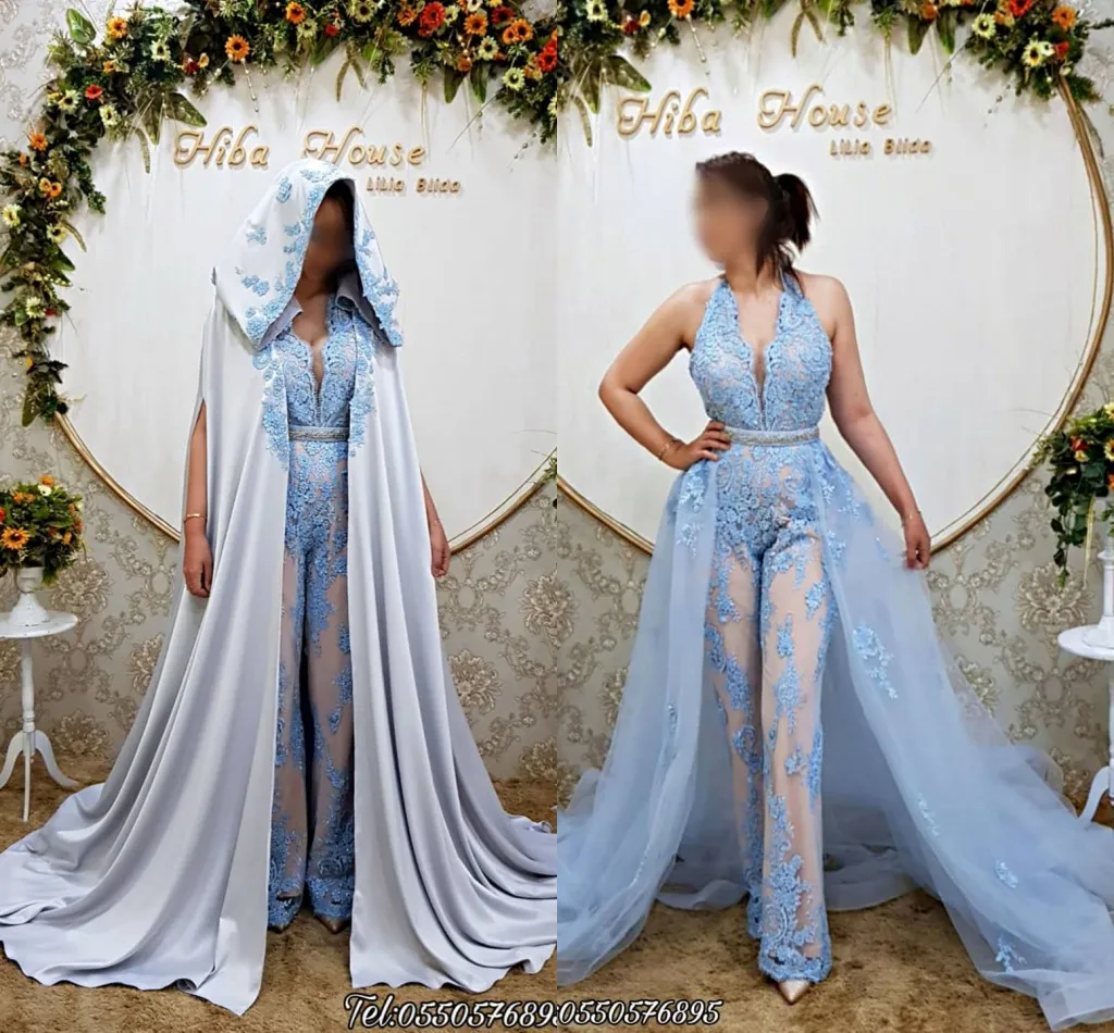 Sky Blue Lace Prom Dresses Jumpsuit with Detachable Train 2022 Karakou Algerian Outfit Coat Caftanalgerien Evening Gown pant