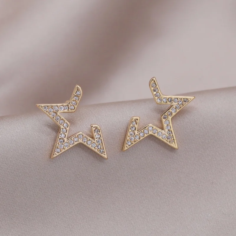 Korea new fashion jewelry 14K gold plated notched five-pointed star zircon earrings elegant women's daily work accessories