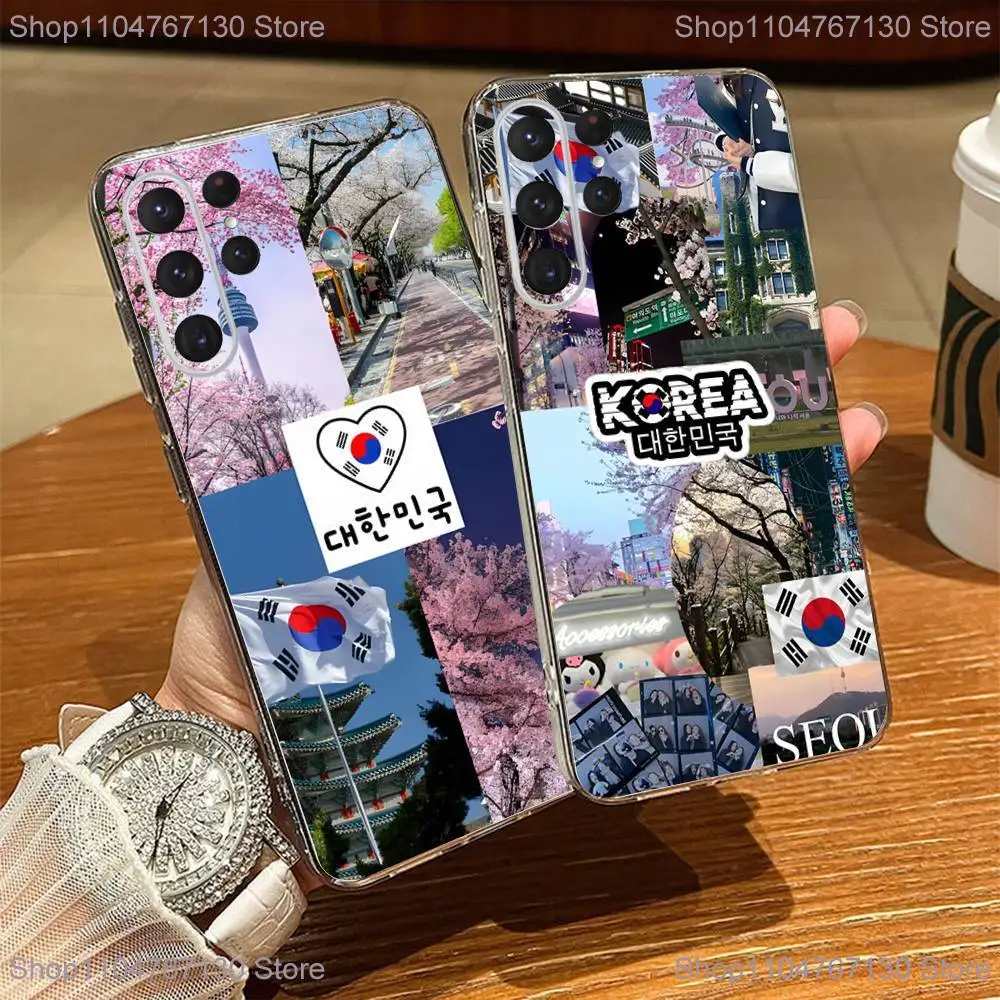 한국 서울 여행용 휴대폰 케이스 삼성 S24,30,21,22,23,20 FE,라이트,플러스,울트라,5G,노트,9,10 투명 커버