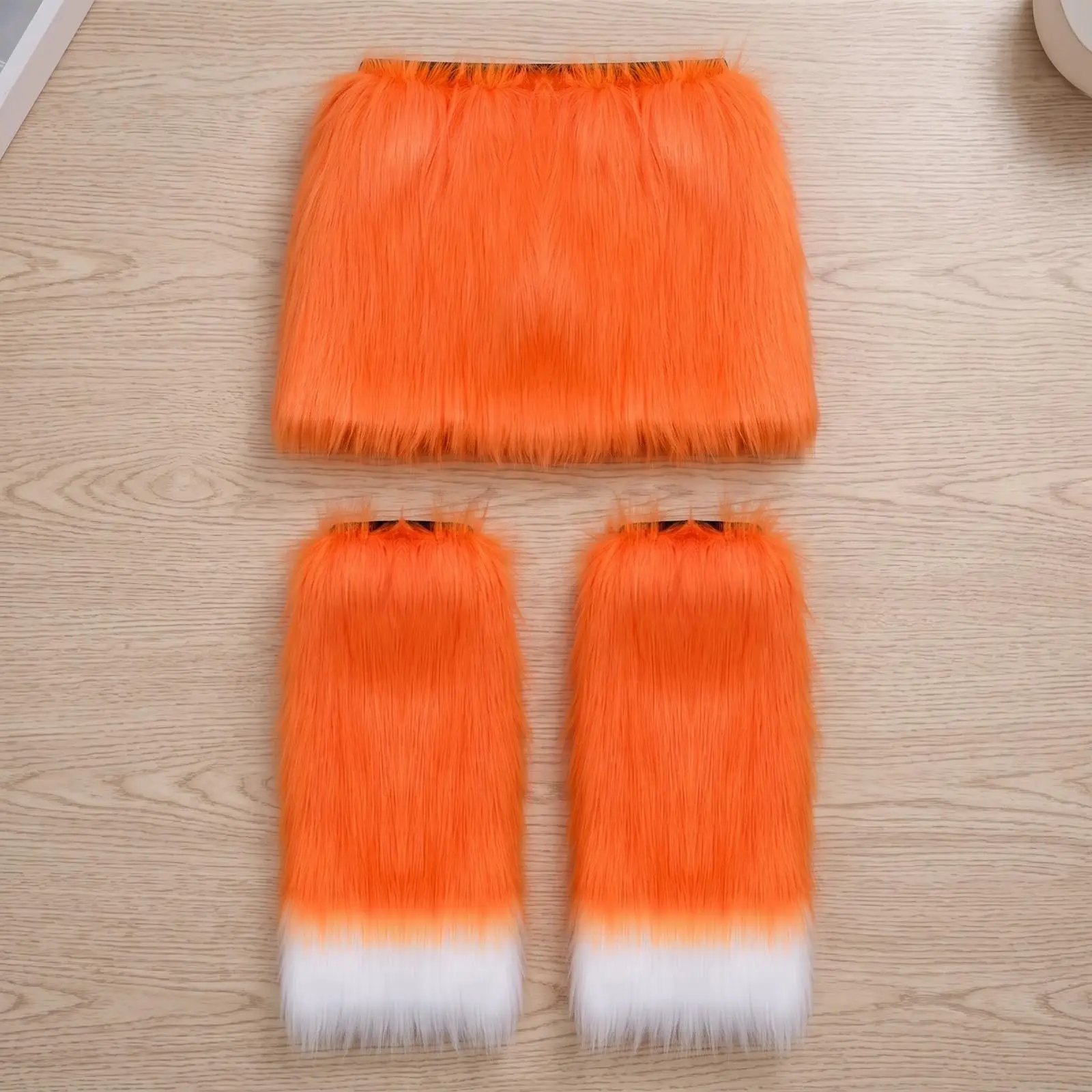 Fuzzy Faux Fox Fur Leg Cover Skirt Set for Cosplay Halloween Party Photo Shoot Women Girls Playful Costume