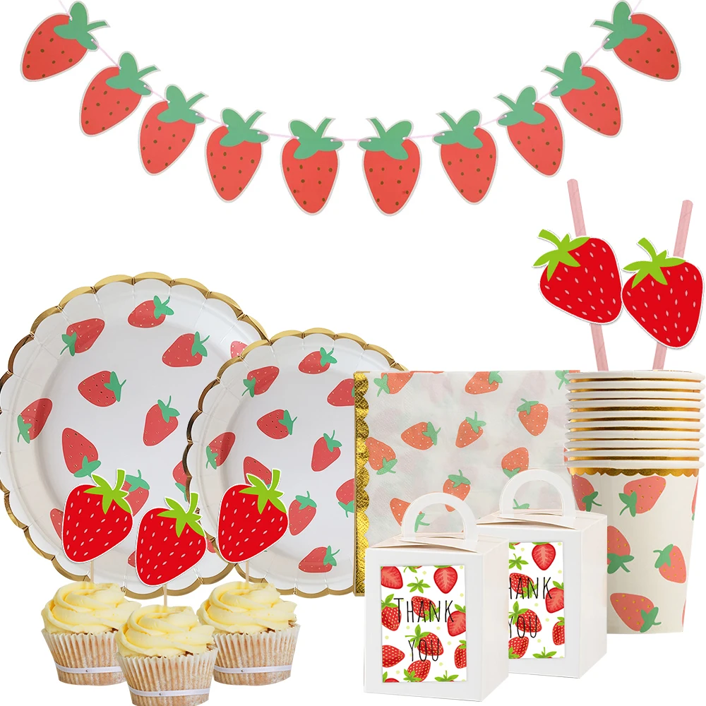 1set Strawberry Disposable Tableware Paper Straws Stciker Hanging Banners for Kids Summer Sweet Strawberry Birthday Decoration