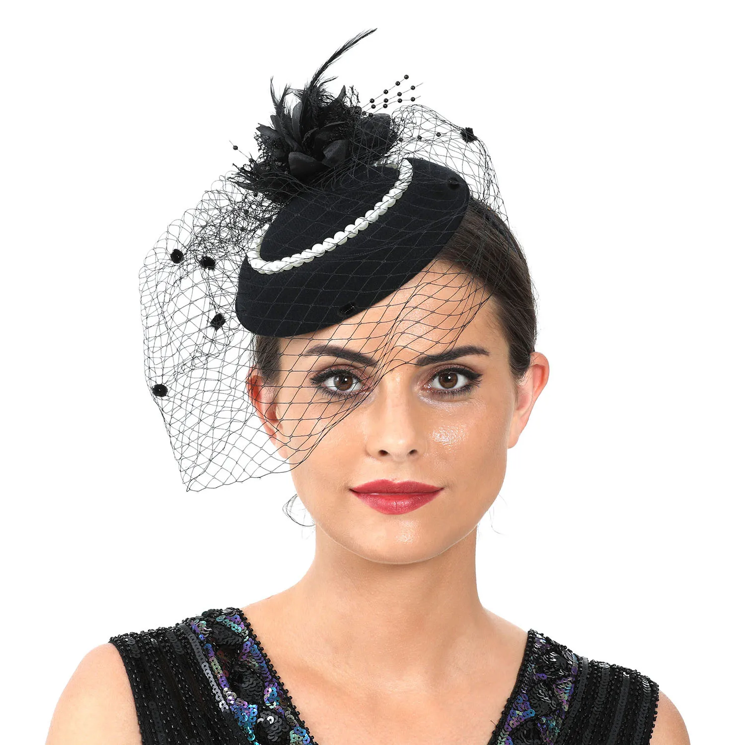 

Women Feather Fascinator Hat with Veil, Pearls Stewardess Cap Party Kentucky Derby Tea Party Headpiece for Women