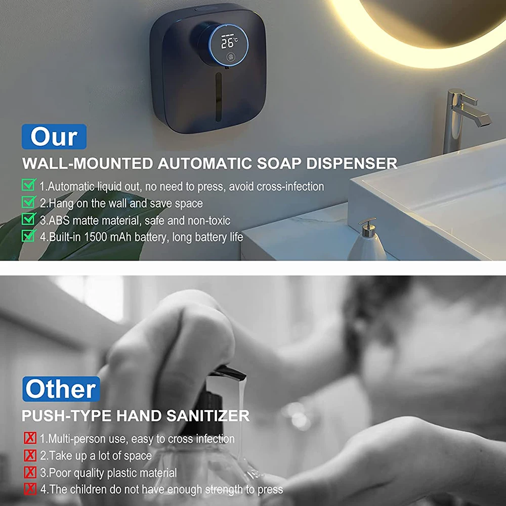 Wall Mounted Soap Dispenser Electric Foaming LED Temperature Display Non-Contact Infrared Sensor Soap Dispenser Liquid Dispenser