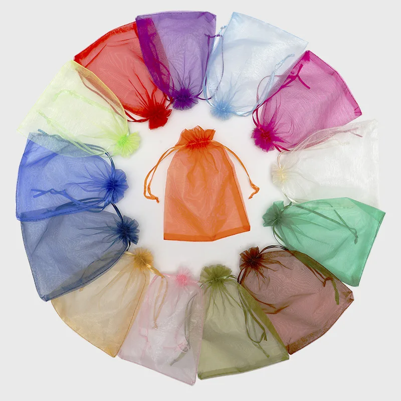 100pcs/lot 7*9, 8*10, 9*12, 10*12cm Small Drawstring Organza Bags For Candy Jewelry Wedding Christmas Gift Packaging Bag Pouch