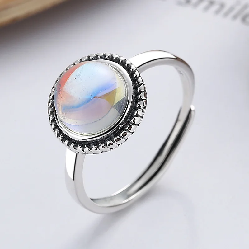 BOCAI S925 Silver Jewelry Vitreous Natural Strong  Blue Light Rainbow Moonstone Ring for Women Fashion Exquisite Gift