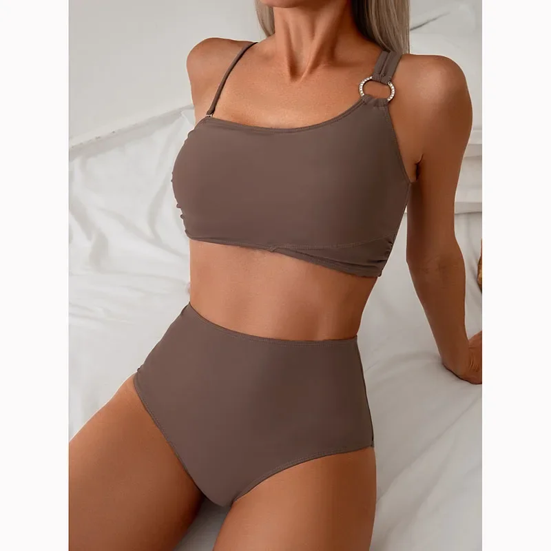 Women High Waisted Bikini Thin Shoulder Straps Sling Push Up Tank Top Separate Two-Piece Swimsuit Backless Swimwears