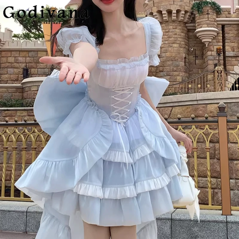 

Elegant Blue French Gentle Puff Sleeve Princess Dress Sweet Woman High Waist A-line Versatile Age Reduction Lolita Fairy Dresses