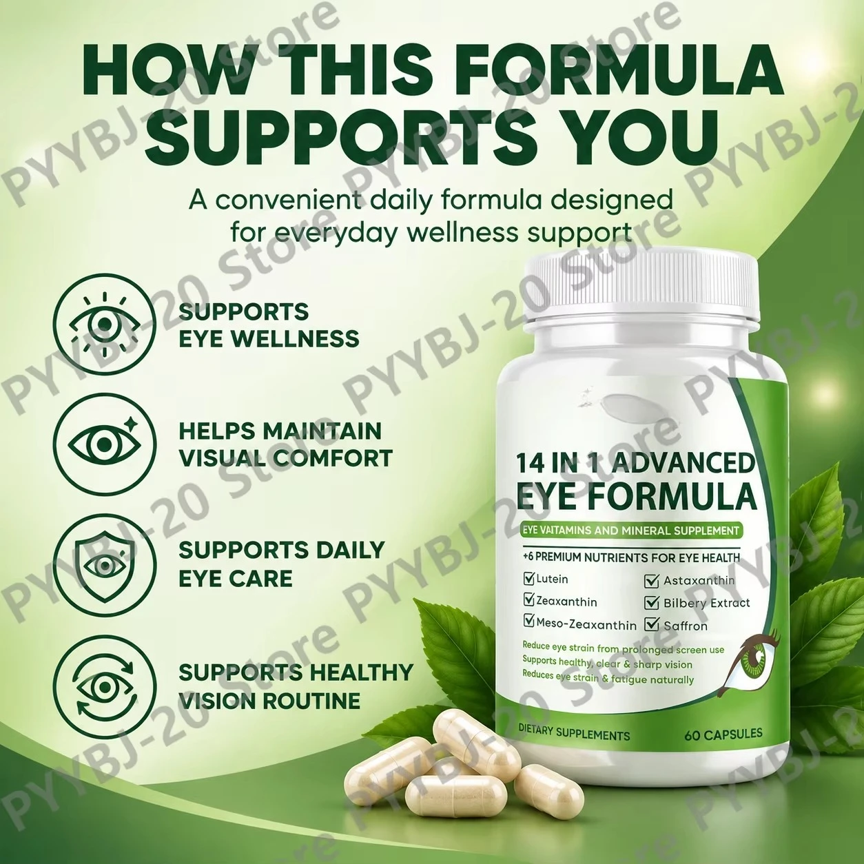 Eye Health Capsules Healthy Eye Function Vision Support Visual Comfort with Lutein Bilberry Saffron 14-in-1 Formula 60ct