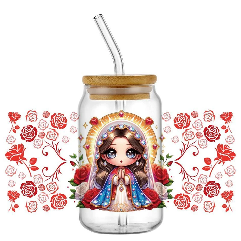 Beautiful Rose Girl 3D Waterproof UV DTF Cup Wrap For 16oz Libbey Cartoon Princess Glass Can DIY Transfer Sticker