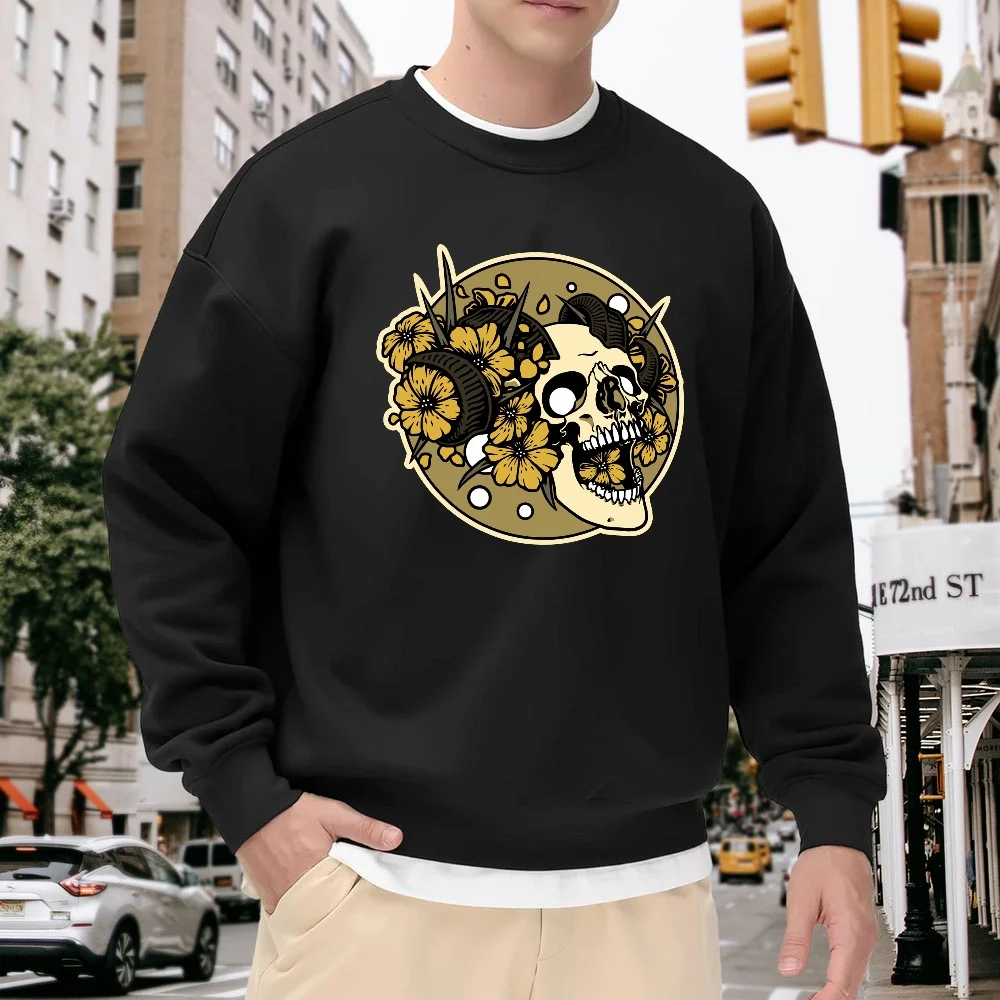 

Men's Black Crew Neck Sweatshirt with Vintage Skull and Floral Print Design, Loose Casual Top, Street Fashion Style, Versatile for Everyday Wear and Sports, Comfortable and Breathable