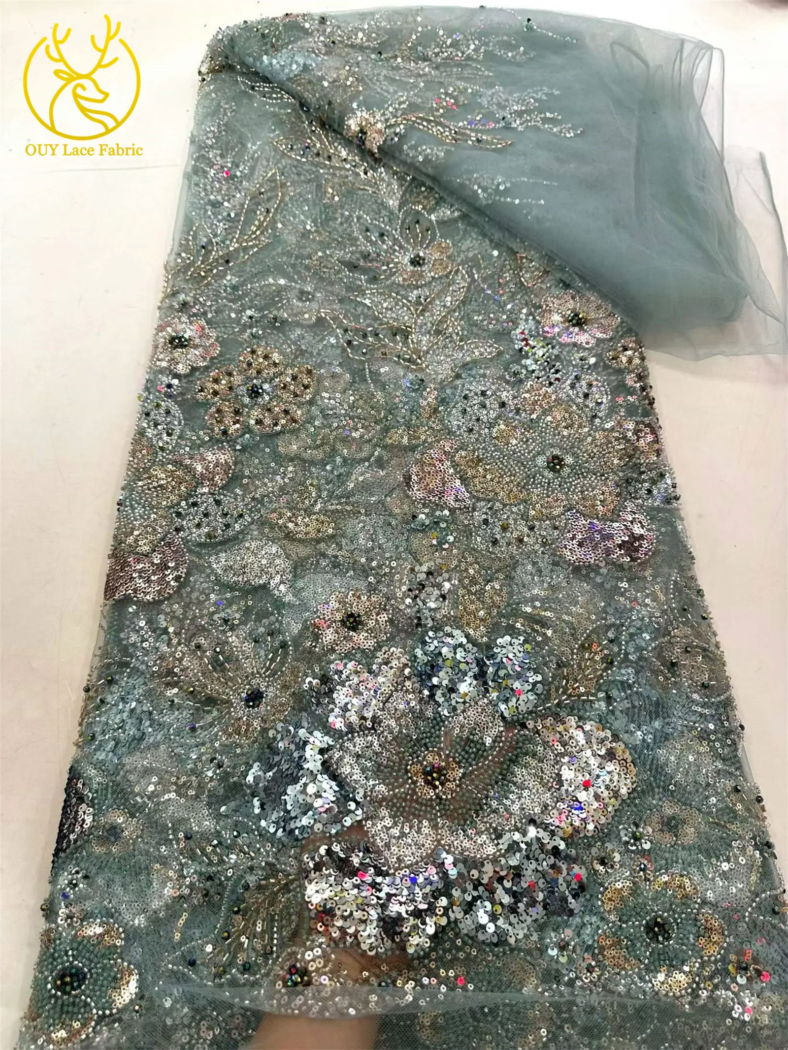 Afrikanischer Brautkleid-Stoff mit Stickerei und Perlen, hochwertiger nigerianischer französischer Pailletten-Tüll-Mesh-Spitzenstoff für Brautkleider – Detail 9