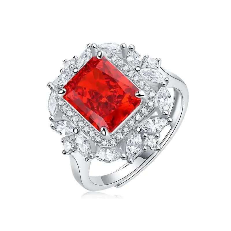 Pirmiana Elegant S925 Silver Red Color Radiant Zirconia Ring Crushed Ice Cutting  Hight Carbon Diamond  Woman Gift