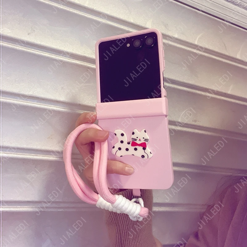 Cute Wave Point Cat Hand Strap Hinge Phone case For Samsung Galaxy Z Flip 7 6 5 4 3 flip6 zflip7 7FE Protective Cover