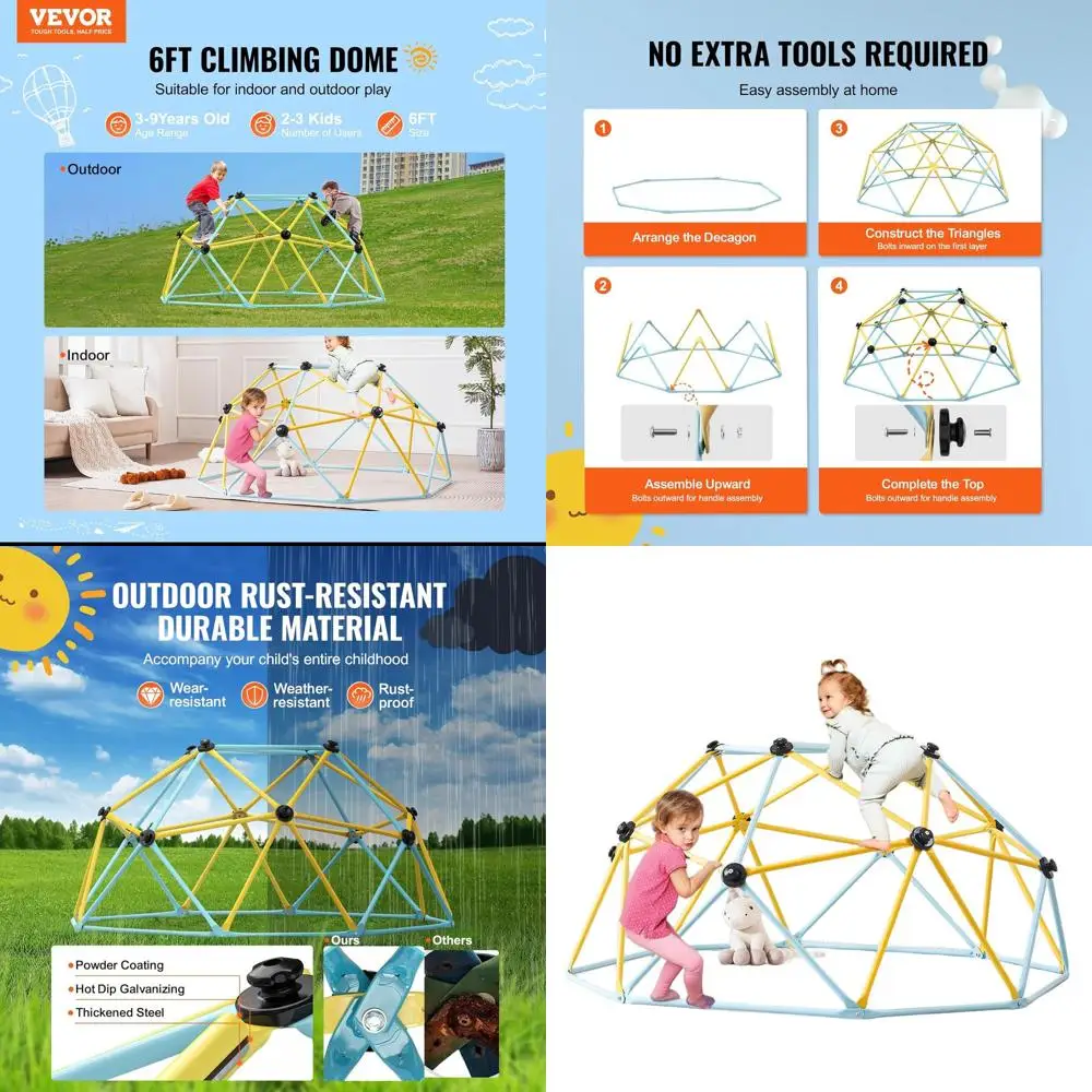 

Игровой комплекс VEVOR Climbing Dome, 6 футов, для детей от 3 до 9 лет, геометрический купольный скалодром, выдерживает нагрузку до 272 кг, простая сборка.