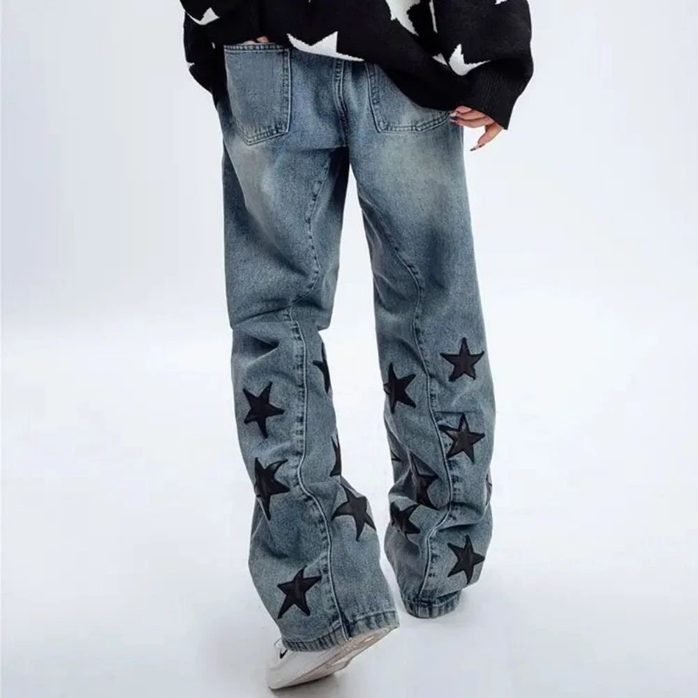 Harajuku Hip Hop Star Embroidery Oversize Jeans Men Punk Gothic Straight Wide Leg Pants Streetwear Skateboard