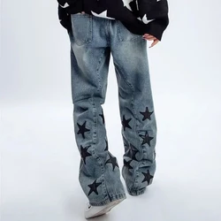 Harajuku Hip Hop Star Embroidery Oversize Jeans Men Punk Gothic Straight Wide Leg Pants Streetwear Skateboard