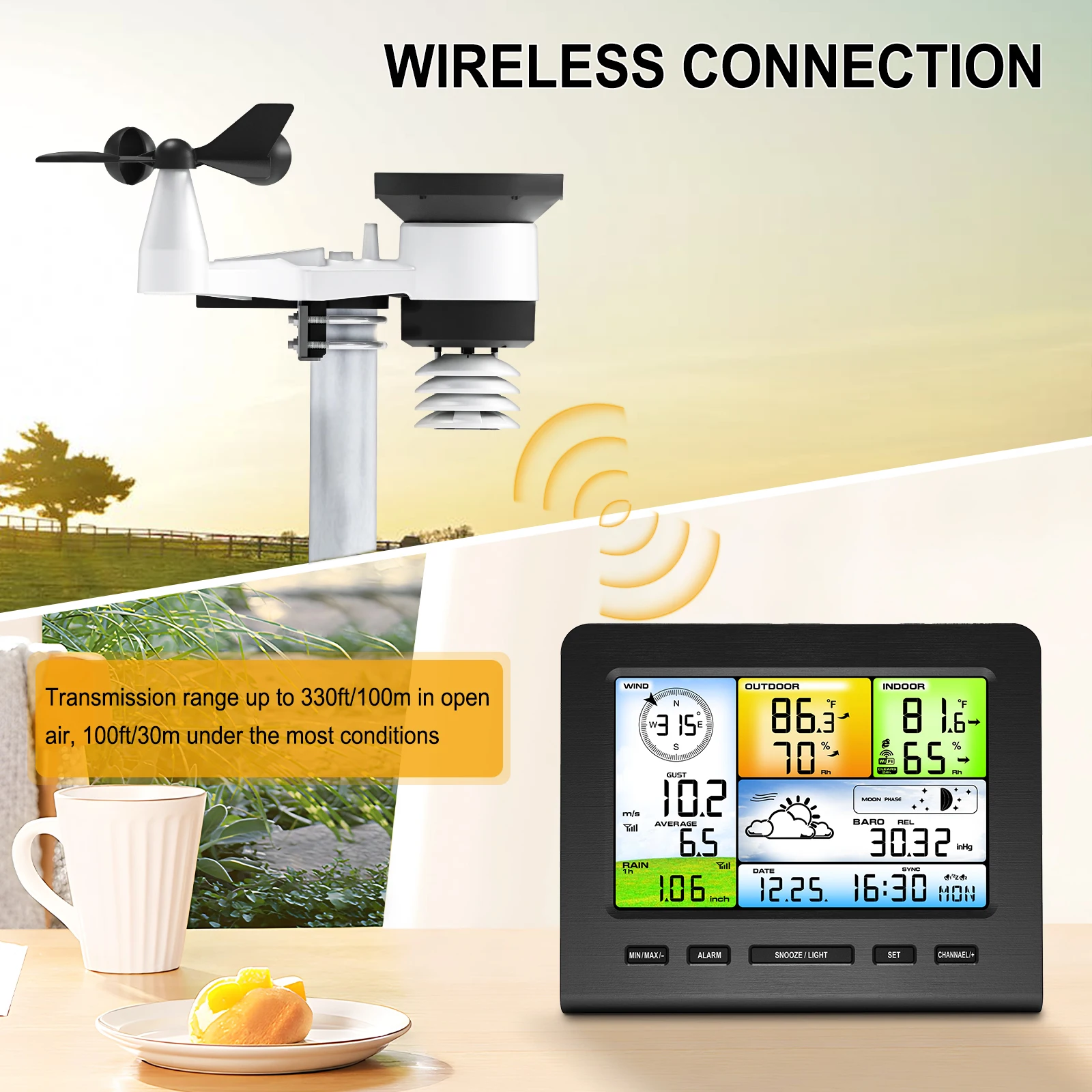 2025 Wireless Solar Weather Station with Digital Thermometer Thermo-hygrometer LCD Display Wi-Fi Temperature Humidity Wind Speed