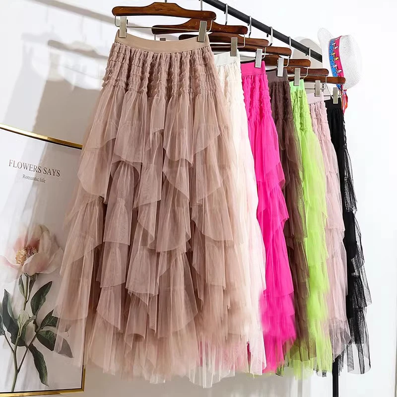 

Spring Candy Pink Green Irregular Tiered Maxi Long Tulle Skirts Fluffy Cascading Tiered Long Mesh Skirts