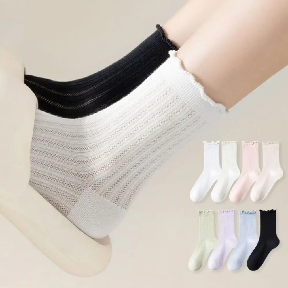 Soft Hollow Out Ruffle Short Socks Candy Color Stripe Mesh Ankle Socks Thin Lolita Summer Tube Socks Lady