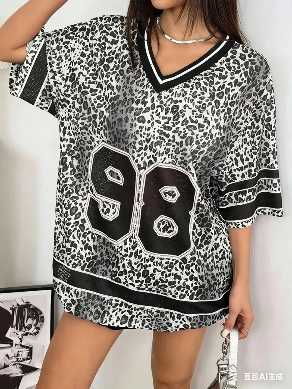 Sommermode Neues Design Modisches Leoparden-3D-Druck V-Ausschnitt Sport-T-Shirt für Männer und Frauen Atmungsaktiv Schnelltrocknend Y2K Familienkleidung – Detail 3