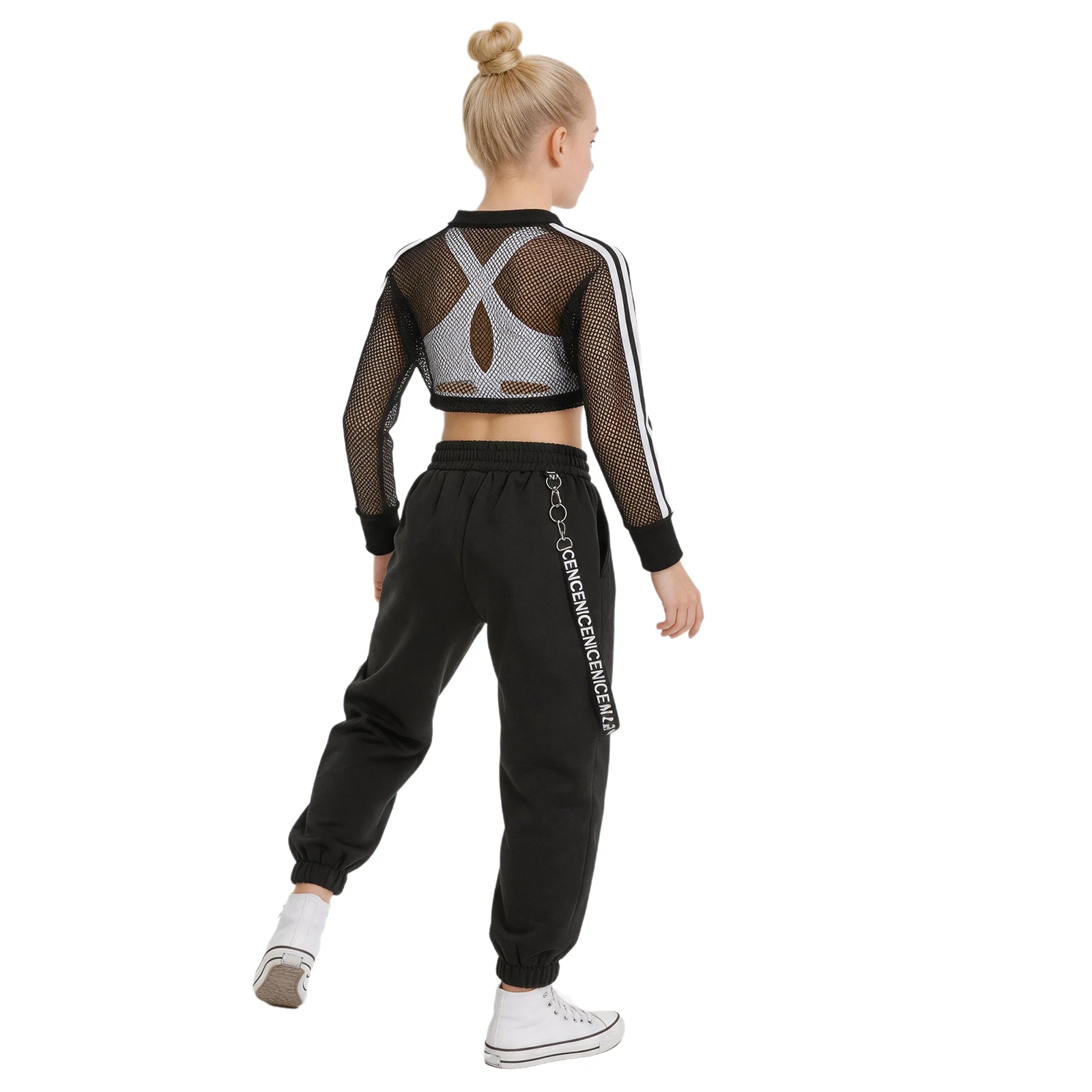 Kinder Mädchen Hip-Hop Jazz Tanz Performance Outfits: Rückenfreies Top mit Cargo-Hose und Mesh Langarm Crop Top Tanzkleidung – Detail 9