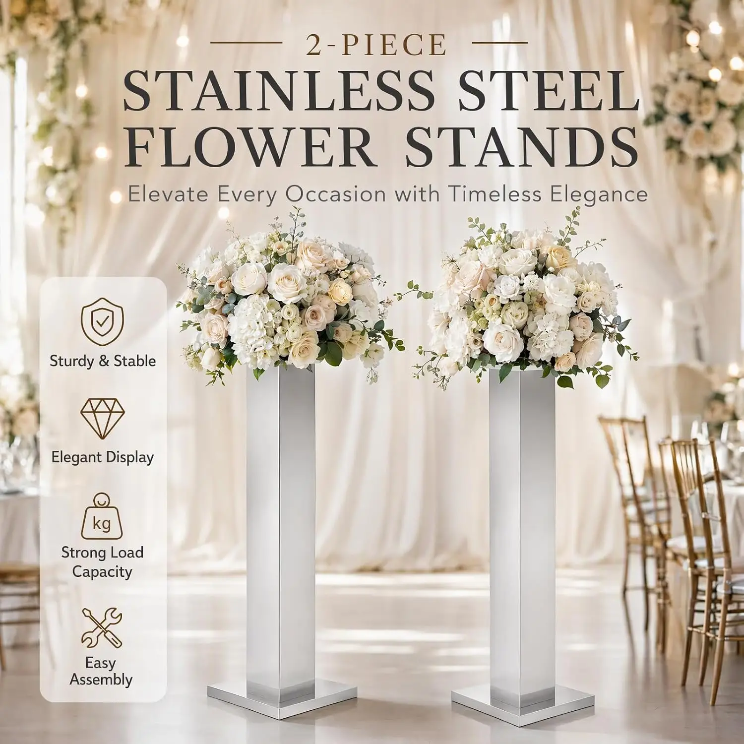 2PCS Silver Centerpiece Vases, 39.3 Inch Stainless Steel Wedding Flower Stand, Square Pedestal Display Plinth Pillars, Pedestal Stand & Cake Stand for Wedding Ceremony Birthday Party Decor
