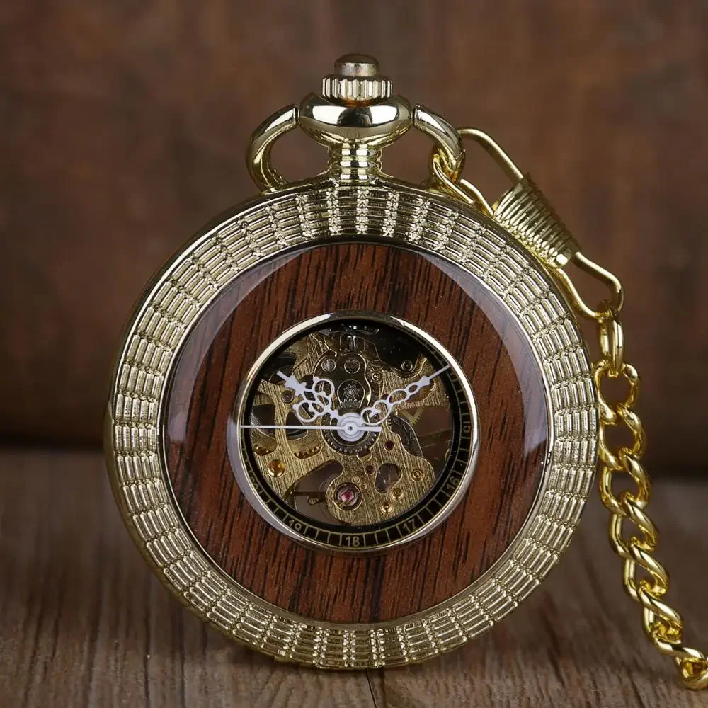 Top Brand Solid Wood Mechanical Pocket Watches FOB Chain Hollow Steampunk Pocket Watches Skeleton Mens Womens Male Clock