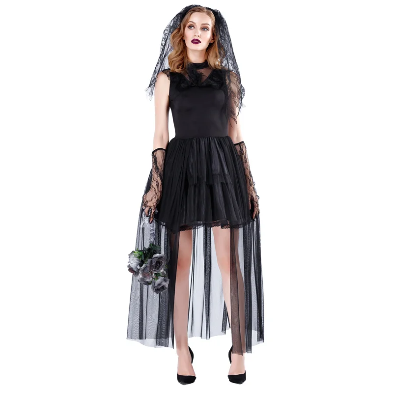 Robe Gothique en Dentelle Noire pour Femme, Costume de Cosplay d'Halloween, Tenue de Barrage Effrayante de Cauchemar